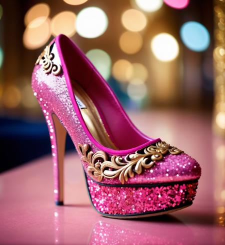 a photography, HD, shoe woman , glitter ornate, pink, blurry, blurry background, depth of field, ornate, mdjrny-v5,