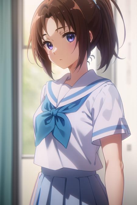 natsukinakagawa, <lora:natsuki nakagawa s2-lora-nochekaiser:1>,
natsuki nakagawa, nakagawa natsuki, long hair, brown hair, (purple eyes:1.2), ponytail, (parted bangs:1.5),
BREAK skirt, shirt, school uniform, white shirt, short sleeves, pleated skirt, serafuku, sailor collar, blue skirt, neckerchief, blue sailor collar, school bag, blue neckerchief, kitauji high school uniform,
BREAK indoors, classroom,
BREAK looking at viewer, (cowboy shot:1.5),
BREAK <lyco:GoodHands-beta2:1>, (masterpiece:1.2), best quality, high resolution, unity 8k wallpaper, (illustration:0.8), (beautiful detailed eyes:1.6), extremely detailed face, perfect lighting, extremely detailed CG, (perfect hands, perfect anatomy),