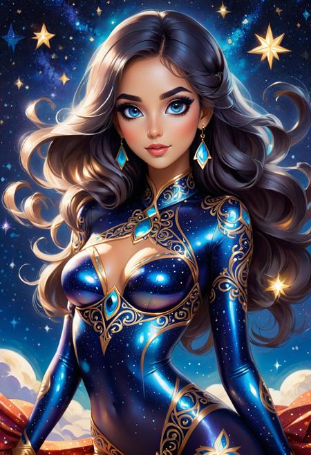 digital art, cartoon style, upper body of a beautiful woman, glittery arabesque patterned body paint, starry sky background, perfect face, large cartoon eyes,  <lora:aesthetic_anime_v1s:1>