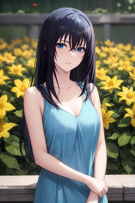 masterpiece, high quality, highres, absurdres, intricate details, extremely detailed unity cg wallpaper, semi realistic,
(1girl, solo, female, sawaragishihoexp, blue eyes, detailed eyes, beautiful face, medium breasts, blue hair, hair between eyes, long hair, cute face)
floral dress, flower dress, flower headband, detailed dress, cleavage, bare shoulders, sleeveless, cowboy shot,, looking at viewer,  solo focus, depth of field,
((flower garden, flowerfield)), detailed background, bright light, day light, colorful, vivid,
 <lora:Sawaragi_Shiho_exp-06:0.7>