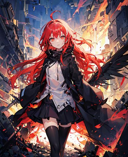 (masterpiece, best quality)),<lora:lightAndShadow_v10:0.5>,1girl,red hair,long hair,white streaked hair, black smoke, ruins,black wings,depth of field, no pupils,lens flare,((black flame)),ahoge,watercolor,small breasts, expressionless, black cloak,