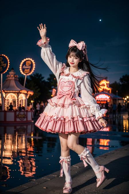 best quality, masterpiece, photorealistic, 1girl, solo, full body, black hair, straight hair, blunt bangs, looking at viewer, smile, cyb dress, frilled dress, layered dress, long sleeves, rabbit ears, hair bow, white thighhighs, pink high heels, amusement park, night, night sky, people, dramatic lighting, colorful, <lora:sweet_attire_style2_v1:0.7>