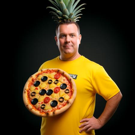 Hyperrealistic art pineapple pizza man, full body shot . Extremely high-resolution details, photographic, realism pushed to extreme, fine texture, incredibly lifelike