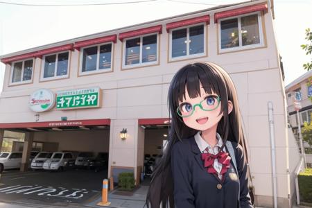 best quality, ultra-detailed, illustration,
1girl, glasses, black hair, long hair, school uniform, school bag, smile, laughing, solo focus,
saizeriya, storefront, scenery, outdoors, sign, building, window
 <lora:saizeriya_ex_SD15_V1:1>