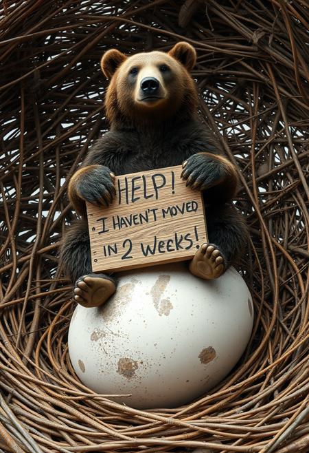 "Create a hyper-realistic image of a bear roosting on a massive egg in a giant nest of intricately woven sticks. The bear sits comfortably on the egg, as if it's a chair, with its paws dangling over the edge. It holds a wooden sign with the message 'Help! I Haven't Moved In 2 Weeks!' scrawled in crude handwriting. The egg, speckled and rough, supports the bear's weight, while the nest's sturdy sticks and twigs seem to be the only thing keeping the bear from tumbling off." Octane render, Highest-Quality, 8 k, intricate details, visually stunning, Masterpiece