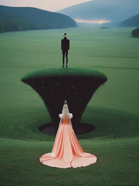 <lyco:TimWalker:1.0> fashion gothic fantasy ceremonial dress by versace tim walker and richard misrach, beautiful stunning redneck queen, czech new wave film still, dystopian sci-fi landscape, floating embers