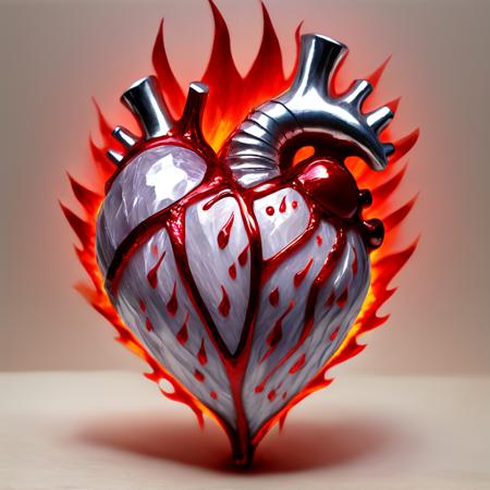 (kcrstal17xl:0.8) illustrative Op Art photograph, a coloured picture of a (silver-tinted:0.33) anatomical heart, dripping red flames, very detailed, award-winning