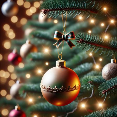 very realistic close-up photograph of a  Christmas sphere with a bell on it hanging in a Christmas tree branch