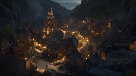 a beautiful complex and detailed medieval european village a foreground a rather dark sky but bright sacred nestled around a mountain range where enormous amounts of golden veins are buried landscape indirect lighting 4k overall brightness volumetric lighting epic composition photorealism ultra hd ultra detailed