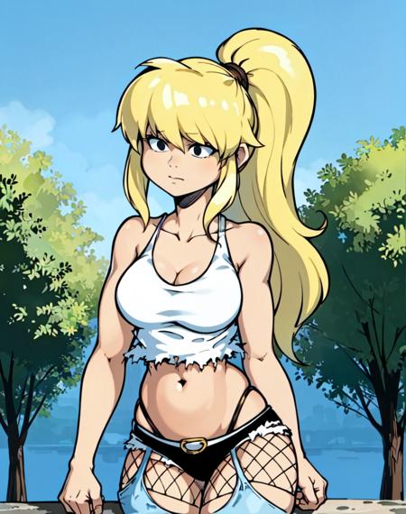 <lora:Julie_Winters_V2:.75> julie winters, white tank top, (black eyes), blonde hair, long hair, midriff, navel, torn jeans, fishnets, upper body, solo, high ponytail, outdoors, (best quality:1.2)