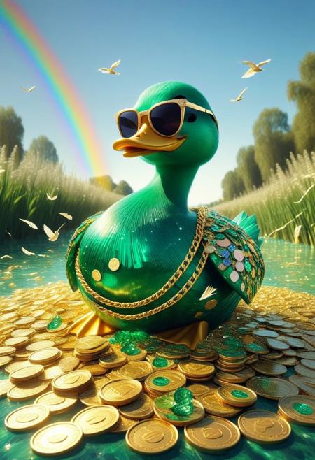 emeraldmorph,cartoon-style scene of a fabulously wealthy duck,  field filled with fluttering dollar bills, wearing a lavish bling-bling gold chain, sunglasses, looking relaxed. Oversized coins, flowers swaying in the breeze. Bright, sunny, with a rainbow arching overhead, adding to the whimsical and extravagant atmosphere of this rich duck's dreamland, lake of golden coins, falls of gold coins instead of water,
[style of greg rutkowski,janek sedlar,jenny saville:0]  <lora:vivid_everclear:0.35>  <lora:Sinozick:0.35>  <lora:MJ52:0.35>