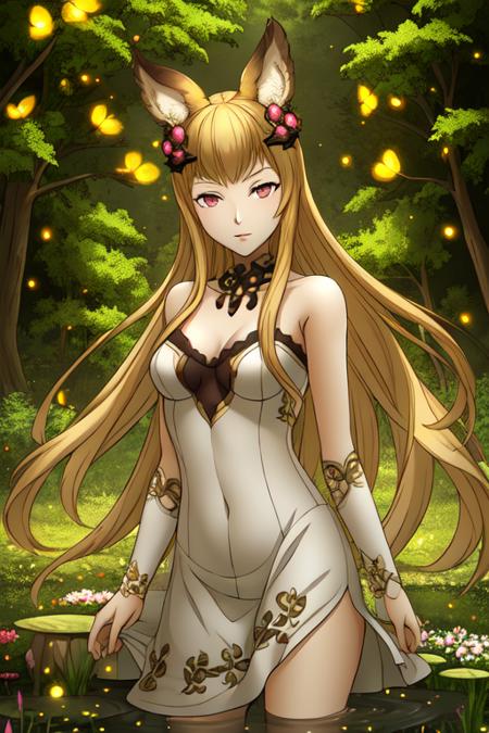 best quality, masterpiece, <lora:SMTDoiStyle:0.7>SMTDoiStyle, <lora:MeteraGBFv1:0.7>Metera, white dress, hair ornament, long hair, forest, fireflies, night, pond, flowers,