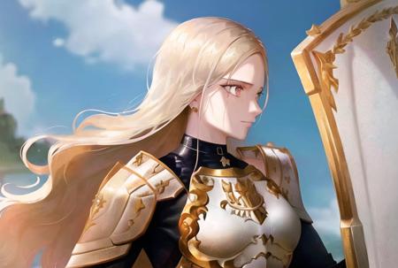 sfw_High_detail_character_portrait of a curvy_solo_blond_<lora:kisara:1>_in_black_tightsuit_under_the_shiny_(white_body_armor:1) is_holding_impossibly_tall_white_(full-length_shield:1.1)_and_(black_mace:1.1), (palace_garden:0.8), beautiful_face, ara_ara, tales_of_arise_artsyle, bandai_namco, battle_stance, (dynamic_composition:1.2), forced_perspective, jrpg_atmosphere, impossible_dash, realistic, highly_detailed, harsh_lighting, cinematic_lighting, , soft_light, gigapixel , (flawless_face:0.8), (ultra_detailed:1.2), contrast, textured_skin, detailed_amber_eyes,