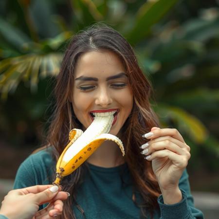 beautiful woman eating a half-peeled banana, mouth closed around banana stalk, banana held in someone else's hand, banana peel moved down to midway, woman delighted.