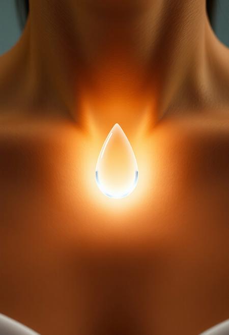 subdermal LED teardrop pendant, (internal LED glow:1.7), (embedded LEDs:1.8) forming a radiant teardrop-shaped light beneath the skin at the base of the neck, soft light radiating outward from the center, (teardrop-shaped glow:1.6), smooth, glowing transitions, (natural skin tone:1.5), high-definition, (ultra-realistic skin texture:1.8), seamless light diffusion beneath the skin, (no visible jewelry:1.8), (worn pendant:-1.8), (chains:-1.8), radiant, central glowing pendant effect under the skin, subtle yet elegant, perfect for both formal and casual settings, refined, tech-enhanced beauty