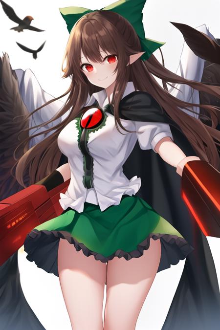 masterpiece, best quality, highres, solo, {reiuji_utsuho_touhou:1.10}, bow, long_hair, hair_bow, green_bow, wings, red_eyes, third_eye, black_wings, black_hair, cape, arm_cannon, brown_hair, smile, breasts, 1girl, bird_wings, green_skirt, puffy_sleeves, shirt, short_sleeves, skirt, weapon, looking_at_viewer