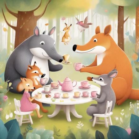 Whimsical children's book illustration of talking animals enjoying a tea party in a magical forest. Cute, cheerful, playful, vibrant, friendly, innocent.