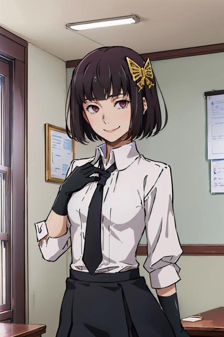 (masterpiece, best quality:1.2), cowboy shot, solo, 1girl, yosano akiko, smile, looking at viewer, butterfly hair ornament, white shirt, black necktie, black gloves, black skirt, office <lora:bsd_yosano_v11:1.0>