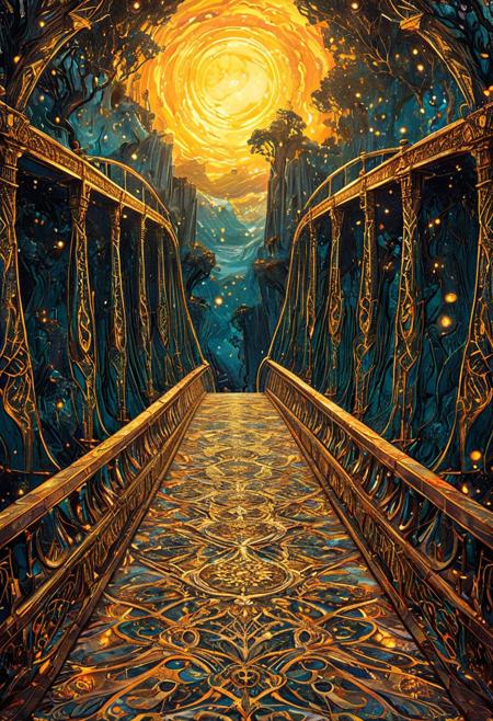 psychadelic, A skeletal bridge leading to an unknown dimension, its stone dissolving into soft, golden air
, Pre-Raphaelite romanticism meets modern graphic novel storytelling, rich and moody color palettes, highly detailed yet expressive linework, soft painterly textures combined with bold inked outlines, classical elegance infused with contemporary comic-style compositions, dramatic lighting, intricate character expressions, balance of realism and stylization, strong narrative depth, flowing fabrics and ornate details, fusion of historical romanticism with modern sequential art aesthetics