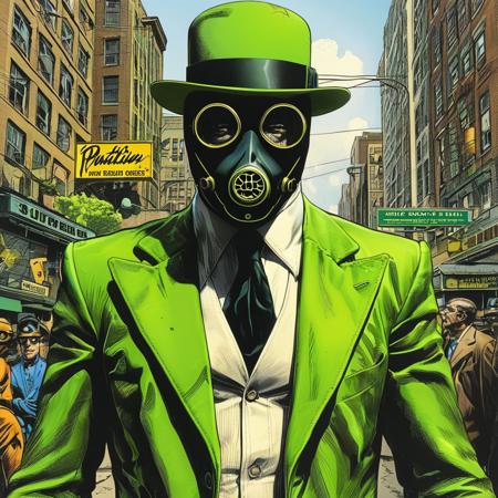 score_9, score_8_up, score_7_up, style of Brian Bolland, Full body, Solo, 1man, Superhero, (neon green and black power suit: 1.0), (power pose: 1.0), (radiation symbol on chest: 1.0), (superhero physique: 1.0), heavily muscled, (gas mask: 1.0), green energy, city background, masterpiece, detailed,