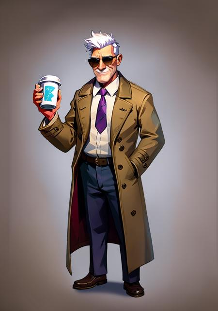 European and American cartoons, game characters, original design, 1boy, male focus, solo, necktie, hand in pocket, old, white hair, smile, old man, sunglasses, full body, standing, coat, belt, facial hair, cup, holding, looking at viewer, mature male, shirt, pants, wrinkled skin, glasses <lora:CG Game ouka:1>