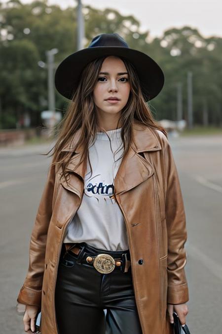 a curvy woman, cowgirl, supermodel, prefect face, makeup, parted lips, big tits, hanging breasts, nipples, narrow waist, leather coat, leather pants, leather pants, cowboy hat, looking at viewer, outdoor, film grain, upper body, epiCPhoto, <lora:pytorch_lora_weights:0.5>, <lora:nagachichiD:0.6>, <lora:FilmVelvia3:0.3>, <lora:more_details:0.6>