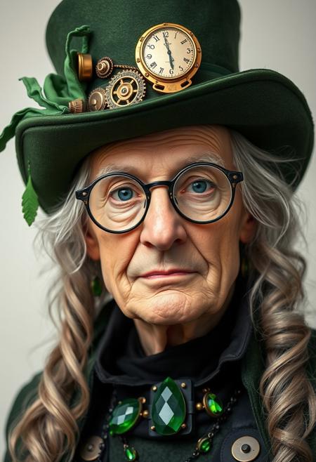 Steampunk portrait. Layout: Close-up shot. Subject: An elderly person with fair skin and long, wavy grey hair, wearing a green top hat adorned with intricate brass gears, a clock, and green fabric. The person has striking blue eyes and wears unique, ornate glasses with a leaf-like design. The attire includes green and black clothing with large, green gemstone accessories. The background is a soft, light gradient, keeping the focus on the subject's detailed and expressive facial features.