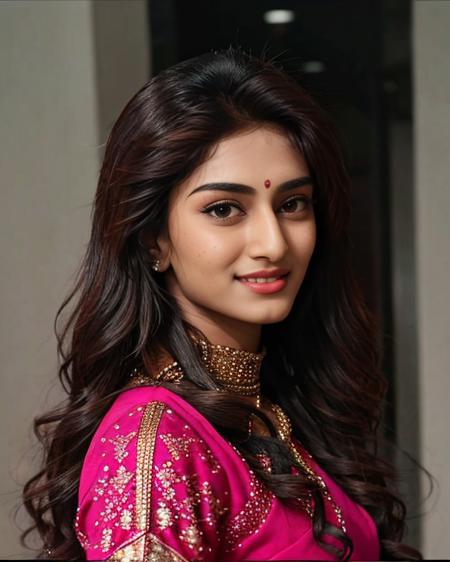 photo of erjf, wearing Burgundy ethnic clothes, dynamic pose, , grin, facing viewer, looking at viewer, background bokeh  <lora:erjf_Erica_Fernandes_SD15_LoRA_prodigy_local_regs_HNepochs:1>