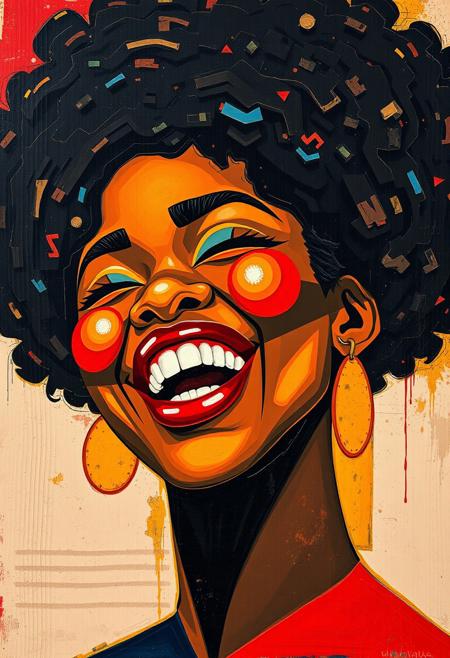 CubismStrokes, depict an afrofuturist black girl laughing, painted in a Cubist style, on a vintage wood panel background, in the style of microphotography, Use angular lines, fragmented forms, and overlapping perspectives to create a sense of movement and rhythm. Incorporate bold colors like reds, blues, and yellows to give the piece energy, reminiscent of works by Lyubov Popova