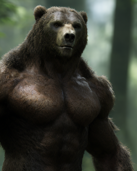 fking_scifi_v2, werecreature, werebear bear, large head, (green eyes), in a forest, 80mm, f/1.8