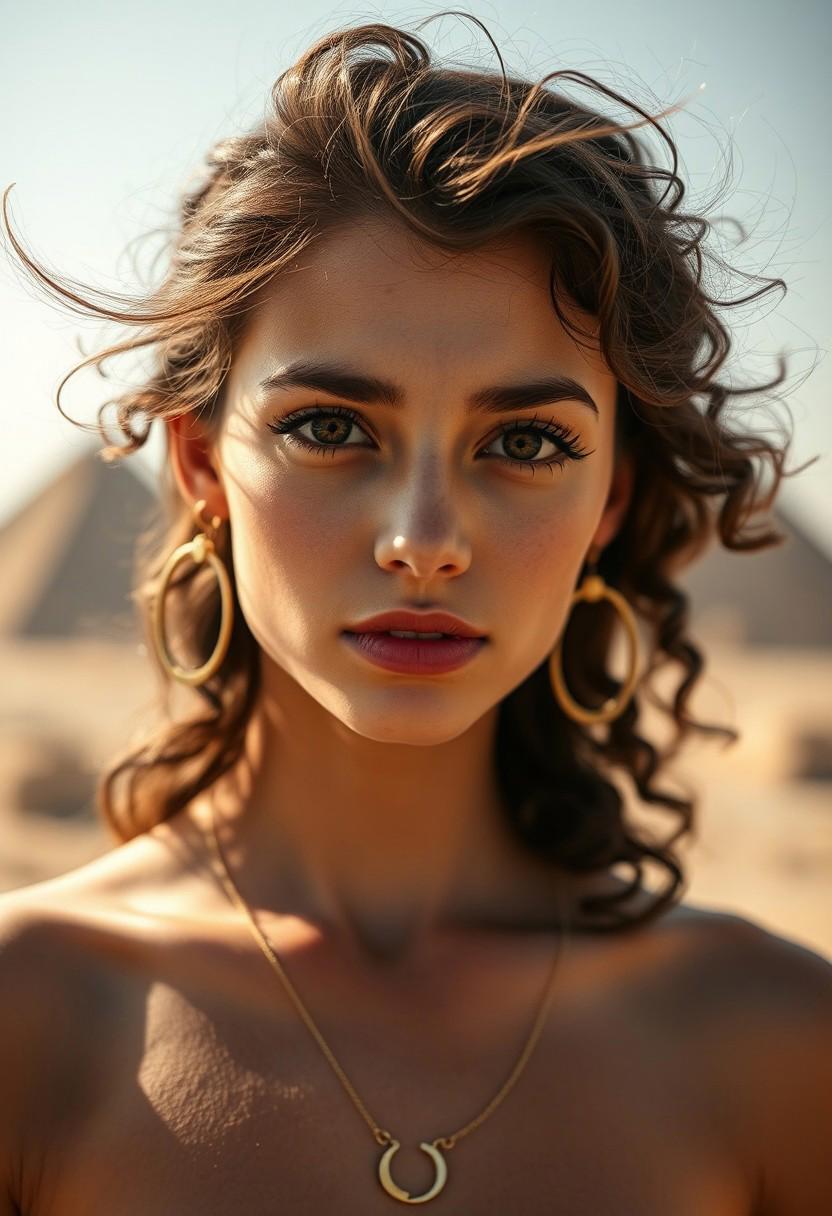 A young, cute adorable sexy egyptian woman with a mysterious aura, expressive eyes, mascara, and natural makeup. She has a cute long brown curly hair. Hair moved by strong breeze, She is wearing stylish gold necklace and Crescent earrings, which add subtle mystery to her look. Photo is taken outdoors, with midday sunlight. background is a blurred, on top of the pyramids, creating a beautiful bokeh effect. Camera, Sony A7R IV 85mm f/1.4 prime lens Aperture, f/1.4 to achieve a shallow depth of field, ensuring the background is beautifully blurred while keeping the subject's facial features in sharp focus Shutter Speed, 1/300 seconds to freeze any slight movements and maintain sharpness ISO 300, to keep noise to a minimum Focus on eyes to ensure they are the sharpest part of image White Balance Set to 'sunlight' to maintain the vibrant day light. Close-up shot, framing face and bare shoulders. Position the subject slightly off-center using rule of thirds to create a more dynamic composition. Eye-level angle to create a connection between subject and viewer Enhance bright vibrant tones and slightly boost the saturation of background to make the colors pop. Apply selective sharpening to eyes and lips to draw attention to these features, extremely detailed skin texture with skin imperfections and vellus hairs