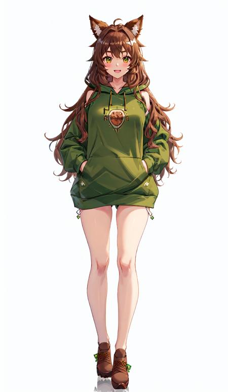 vtubermodel of 1girl , long brown hair, brown eyes , fluffy weasel ears , fluffy eyebrows ,(green hoodie:1.3), high quality , extra detailed , rendered, (white background:1.3), full body, smiling<lora:VtuberMakerV2:0.6>