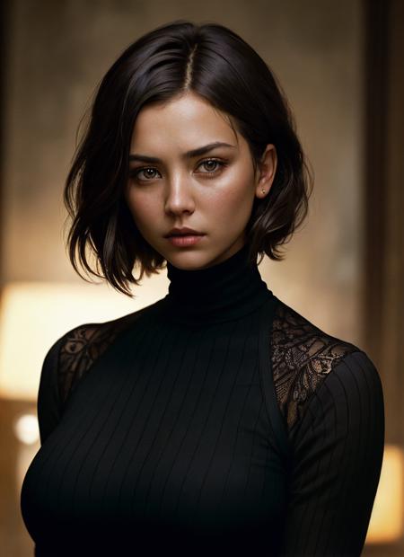 A stunning intricate full color portrait of (sks woman:1), wearing a black turtleneck, epic character composition, by ilya kuvshinov, alessio albi, nina masic, sharp focus, natural lighting, subsurface scattering, f2, 35mm, film grain, <lora:locon_kaleycuoco_v1_from_v1_64_32:1>