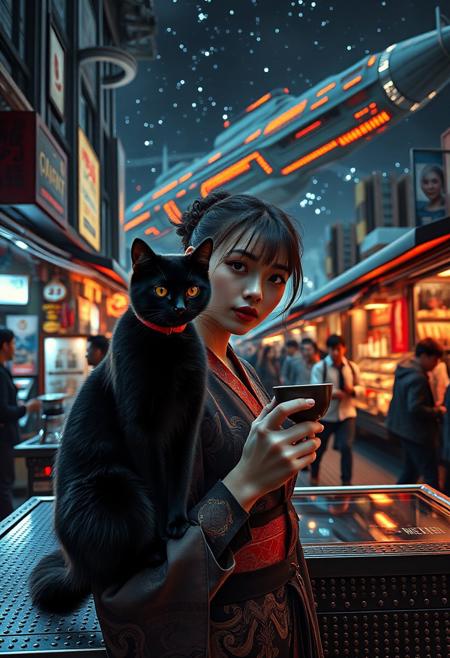 Setting is a futuristic cyberpunk street market at night, the market is comprised of street vendors selling robot parts, food, weapons, and robot pets. People wearing futuristic cyberpunk clothing are walking through the street market shopping and eating, A sleek black cat with red collar sits on a cluttered metal riveted counter with transparent top and micro-LED lighted computer components visible inside, On the counter is a classic ornate art deco espresso machine of copper and brass, (((a beautiful woman, 24 years old, is standing in the foreground facing the viewer with a steaming cup of espresso in her hand. Her eyes are beautiful and focused on the viewer, she has an expression of interested curiosity))), the sleek black cat with red collar is sitting on the desk and watching the people walking by in the busy street market, the woman is dressed in futuristic cyberpunk Japanese style kimono-style clothing that are sexy and Japanese classic aesthetic. An enormous art deco inspired starship with futuristic lighting and an enormous space station are visible in the background among the stars, The woman's hair is elegantly tied up with a ribbon. Artistic cyberpunk, dynamic perspective, (((overall architectural aesthetic is Art Deco Cyberpunk))).  Epic image that elicits a feeling of wonder and awe, part of the interior is visible,
