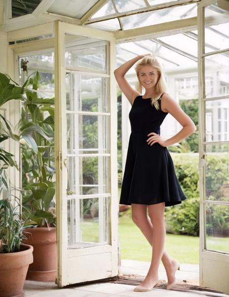 full body, blonde young woman, 24 years old, (blue eyes), A-line little black dress , conservatory, [people in background], happy, left arm behind head, right arm behind leg