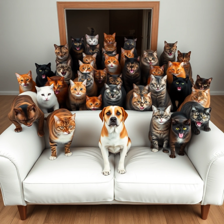 A large group of angry cats stalk a lone dog sitting on a white couch.