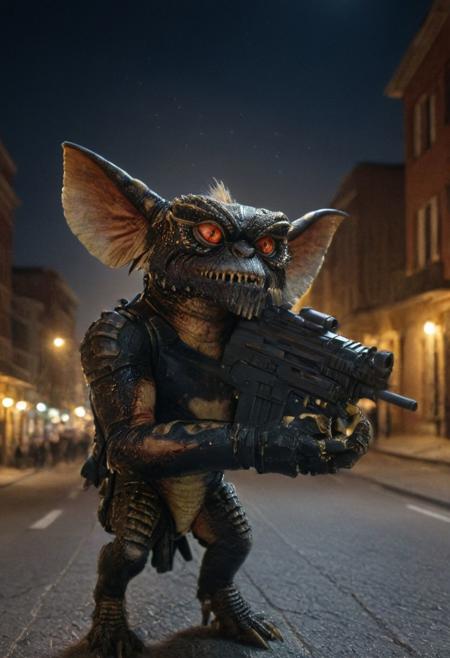 Xgremlinx,(terminator:1.3), sun bases,black  chacket, gun, amazing quality, masterpiece, best quality, hyper detailed, ultra detailed, UHD, perfect anatomy, portrait, hyper-realism, majestic, awesome, inspiring, - portrait in night city street ,  cinematic composition, soft shadows, national geographic style,
