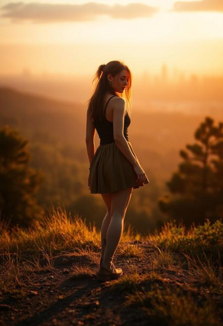 lone roguish female figure, walking away, glancing over shoulder, distant cityscape, transitioning from forest to urban environment, golden light of early morning or late afternoon, cinematic, journey progression, emotional warmth, subtle glance, candid, moment of doubt or hesitation, reflection on the journey, (forest in the background:1.2), city on the horizon, inviting introspection, natural light, dramatic lighting, depth of field, (captured naturally:1.2), (detailed background:1.3), (photorealism:1.4), 8k UHD, (blurry:-1.3), (lowres:-1.5), (ugly:-1.2), (mutated:-1.4), (worst quality:-1.4), (bad anatomy:-1.3), (cartoon:-1.1), (sketch:-1.1), (distorted proportions:-1.3), (extra limbs:-1.5), (cgi:-1.4), (extra characters:-1.5), (savanna:-1.4)