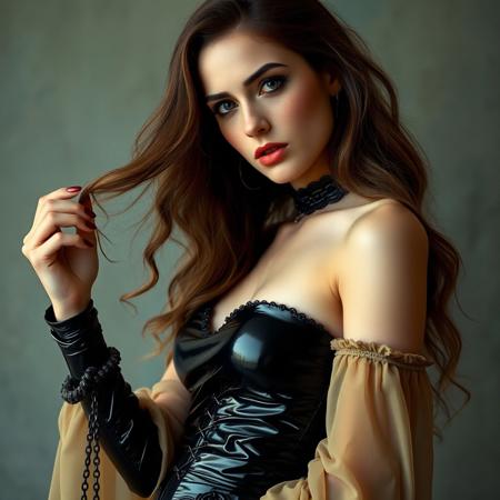 Masterwork Hd cinematic photo, sleek beautiful woman, polished latex, gothic themed ‘70’s loose flowing hippie styled dress , vaguely Victorian influenced