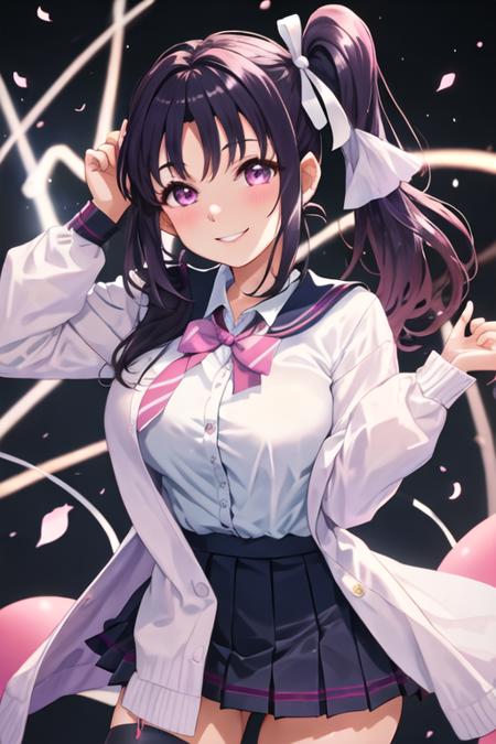 best quality, masterpiece, highres, solo, {kazuno_sarah_lovelivesunshine:1.15}, bangs, purple_hair, sidelocks, smile, side_ponytail, purple_eyes, long_hair, blush, breasts, 1girl, hair_ribbon, looking_at_viewer, pink_eyes, ribbon, birthday, school_uniform, upper_body, happy_birthday, dated, shiny_hair, shiny