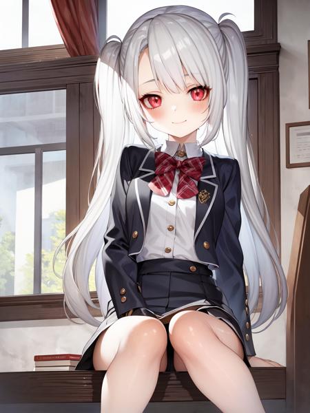 masterpiece, best quality, <lora:exh2-4:1>, 1girl,school uniform, little smile, twintails, silver hair, red eyes,