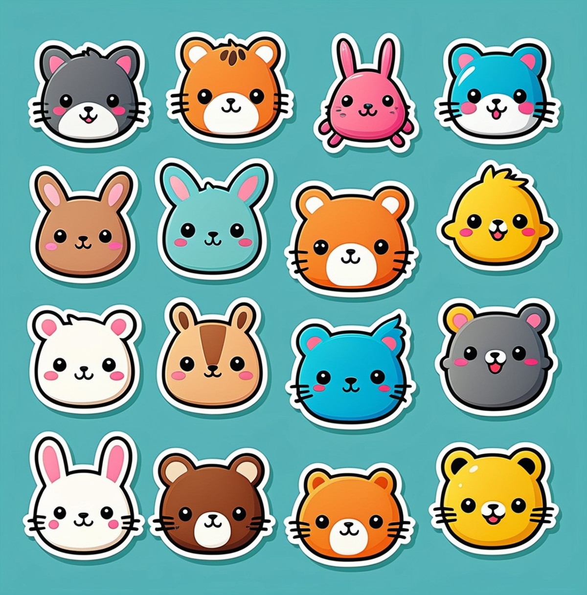 Design a collection of cute kawaii stickers with different fun motifs and figures. Cute cartoon animals kawaii funny splas...