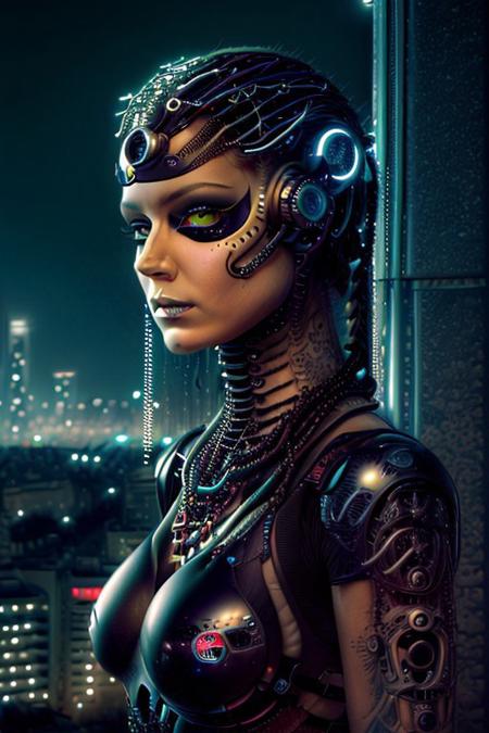 A feminine humanoid AI with expressive eyes gazes at a futuristic city skyline from a high balcony. The city below is alive with glowing vehicles, towering skyscrapers, and interactive billboards. A soft wind moves through her minimalistic attire, face close up,