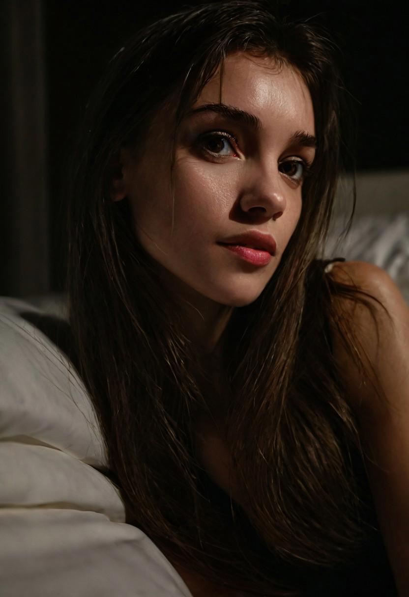 Cinematic, High Quality, Beautiful, Realistic, Chiaroscuro, Photorealism, Still Film, (Masterpiece), Close-up, 8k, 
(full body portrait: 1.4), 24 year old woman, lying on bed, RAW uhd portrait photography, room background, (looking at camera), cute face, night, mirror light, DSLR camera, 
exceptional quality, sharp focus, sharpness, sharpness, film grain, (center), 
Fujifilm XT3, sharp focus, bokeh, (dark light), inspiration. Authors: Jim Mahfood, Henry Asencio, Greg Rutkowski, Craig Davison, Jenny Saville, Bernie Wrightson, Frank Frazetta,