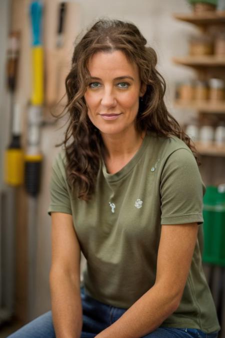 <lora:Orla_Brady:1> masterpiece, best quality, detailed face,, 1girl, solo, o1873b, brown_eyes, realistic, brown_hair, long_hair, posing, pastel green tshirt, garage, leaning on a workbench