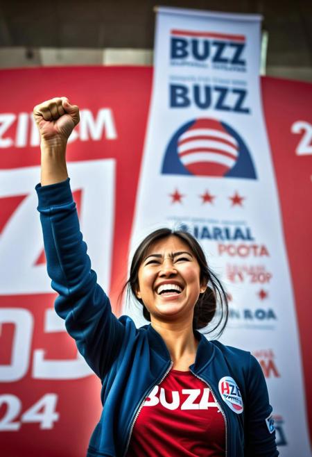 (High detail RAW Photo), a cinematic photograph of beautiful Asian girl, fist pump, smile, convention hall, (large political sign with text:"BUZZ 2024":1.4 )
