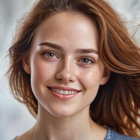 Create a detailed, hyper-realistic head and shoulders portrait of a young woman. Her face should have minimal freckles, with a focus on the unique patterns in her irises and the natural texture of her lips. She features a radiant, big smile, conveying a sense of warmth and happiness. The background should be softly blurred, emphasizing her joyful expression.
