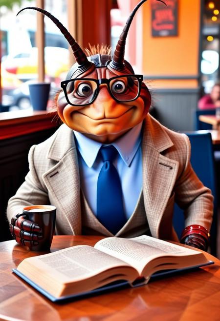 FLUX.1 cinematic style, a stylish and dapper cockroach wearing eyeglasses while reading a book and sipping coffee in a cafe, instagram photo,