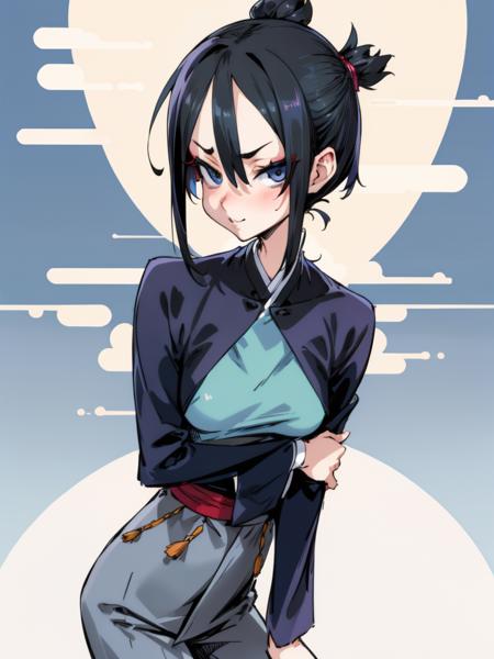 <lora:asanagi-12:1>Slacks, chonmage, two-tone hair, short hair, hair flaps, smug, leaning forward,  small breasts, skinny, masterpiece, best quality