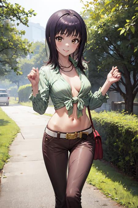 masterpiece, best quality, absurdres, perfect anatomy, 1girl, solo, Itsuwa, tied shirt, striped shirt, green shirt, necklace, no bra, capri pants, brown pants, belt, midriff, standing, smile, outdoors, <lora:Itsuwa:1>